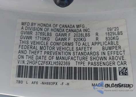 2020 Honda Civic Lx z USA, uszkodzony, nr VIN 2HGFC2F6XLH592369